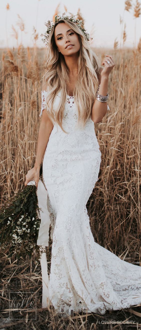 2018 Lover Society Mermaid Wedding Dresses Modest Civil Vintage Crochet Lace Off Shoulder Country Farm Garden Boho Fishtail Bridal Dress