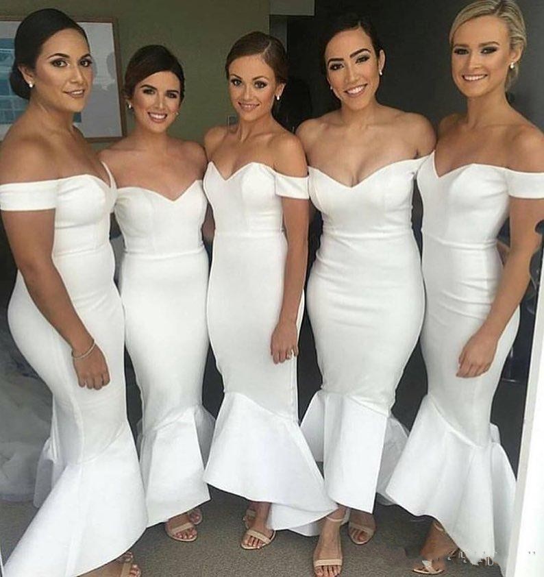 Design Ivory New Mermaid Bridesmaid Dresses Long Off Shoulder Tea Length Ruffles Maid Of Honor Wedding Party Gowns Cheap Dress