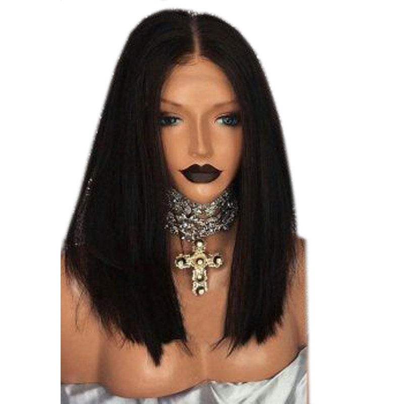 Stock Short Bob Wigs Natural Straight Black Wig Synthetic Lace Front Wig With Middle Parting Heat Resistant Hair For Women