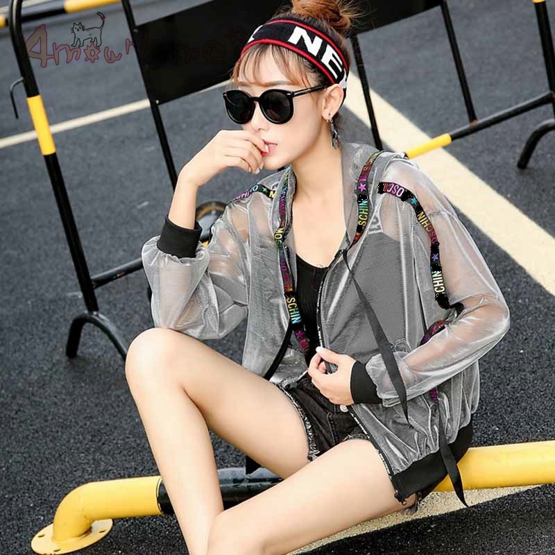Summer Women Jacket Harajuku Sun Protection Clothing Laser Hologram Sunproof See Through Loose Hooded Zipper Coat Sunscreen Oute L18100904