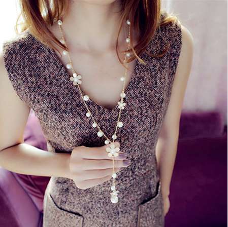 RAVIMOUR Flower Long Necklace for Women Fashion Simulated Pearl Jewelry Tassel Perlas Necklaces & Pendants Bijoux Femme Perle