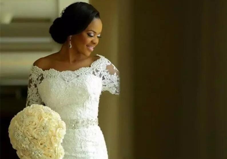 Long Sleeve Dresses African Nigerian Mermaid Lace Bridal Off The Shoulder Wedding Gowns Plus Size Robe Vestidos De Novia 0510