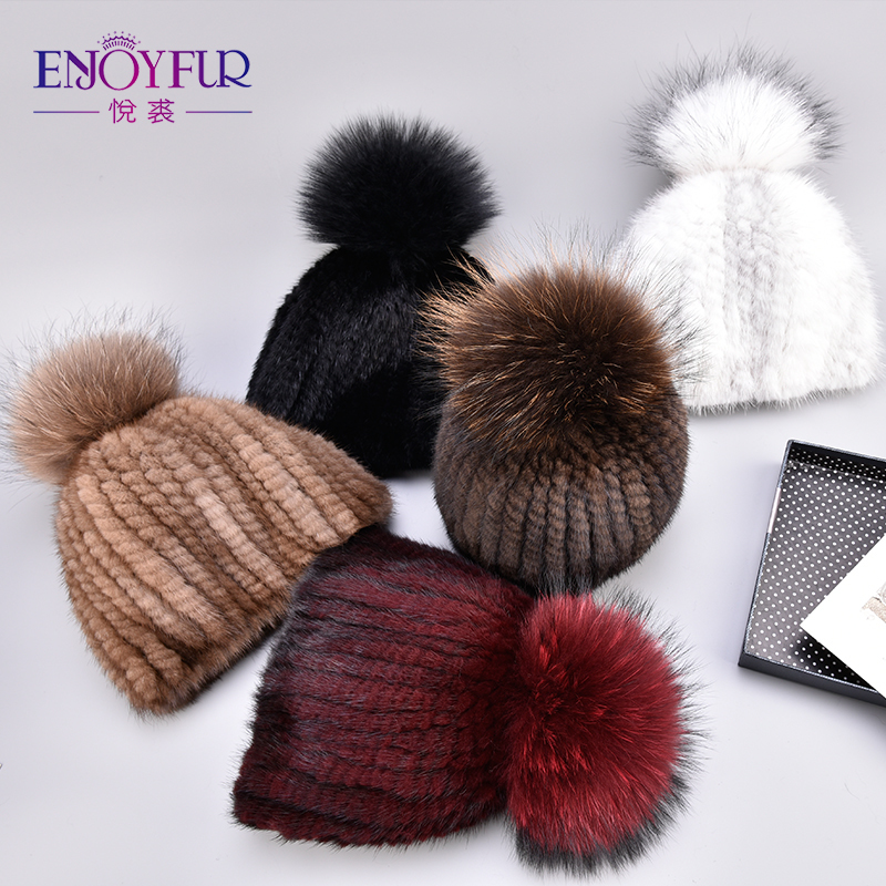 ENJOYFUR Women's Fur Cap Real Mink Fur Hat With Fur Pom Pom Knitted Mink Hats For Winter High Quality Thick Warm Female Beanies D18110601