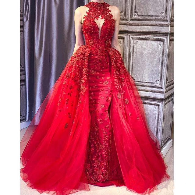 glamorous mermaid evening dress with overskirt high neck beads lace applique sleeveless prom dresses stylish arabia dubai party dress