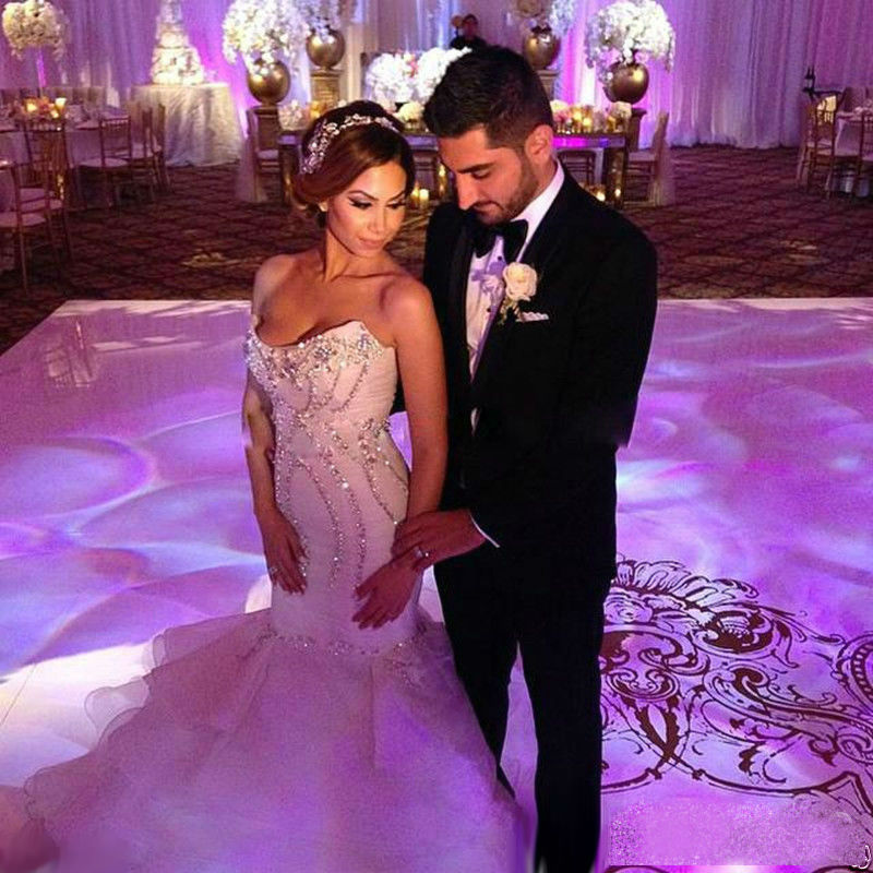 Sexy Mermaid Dress Bridal Crystals Sweetheart Neckline Tiered Ruffles Gowns Sweep Train Wedding Dresses