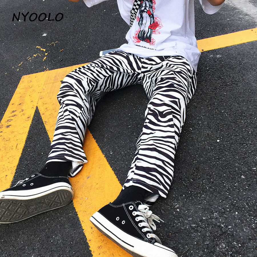 NYOOLO Vintage zebra striped paern Harajuku design elastic waist loose casual straight pants women/men hip-hop trousers
