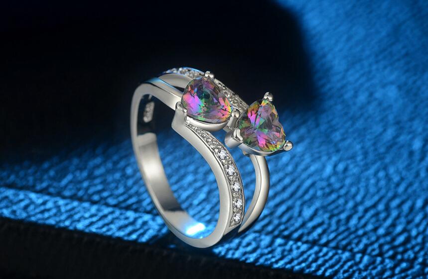 Hot Sell Cute Fashion Jewelry 925 Sterling Silver Double Heart Color Rianbow Gemstones Women Wedding Engagement Band Ring For Lovers' Gift