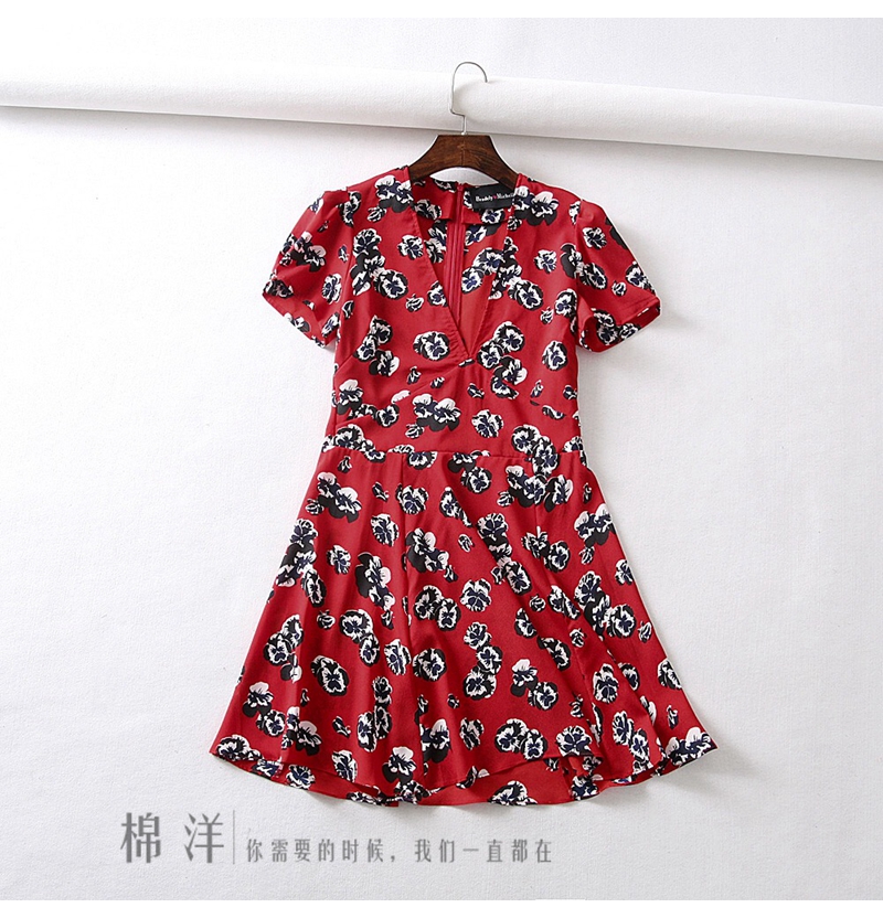 New european design women's fashion flower dots print short sleeve v-neck high waist slim waist a-line short dress French style vestidos