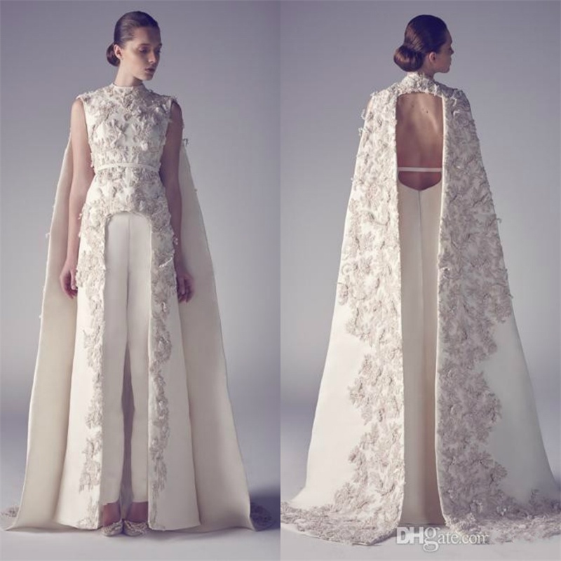 Vintage High Neck Ivory Ashi Studio Jumpsuits Prom Dresses 2018 Lace Applique Plus Size Bride Pants Suits Modest Chapel Evening Gowns