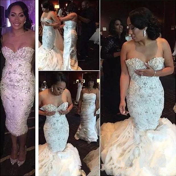 Luxury Bling Bling Crystal Mermaid Wedding Dresses Sweetheart Backless Detachable Train Plus Size tea-length two pieces Wedding Dress, White
Luxury Bling Bling Crystal Mermaid Wedding Dresses Sweetheart Backless Detachable Train Plus Size tea-length two pieces Wedding Dress, White