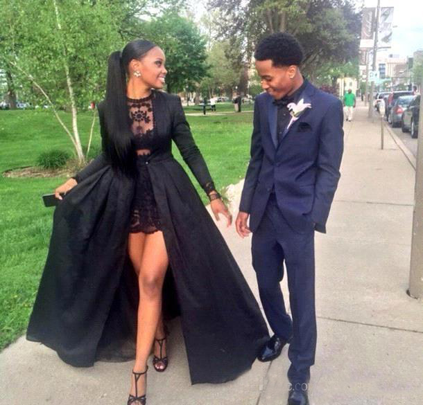 Hot Black Prom Dresses Two Pieces Jewel Neck Lace Short Dress With Detached Long Sleeve Taffeta Jacket Evening Dresses Custom Made