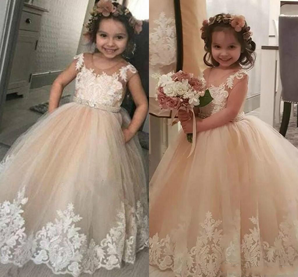 Champagne Ball Gown Flower Girls Dresses For Weddings Sheer Neck Cap Sleeves Appliques Tulle Tutu Infant Birthday Party Dresses Custom Made