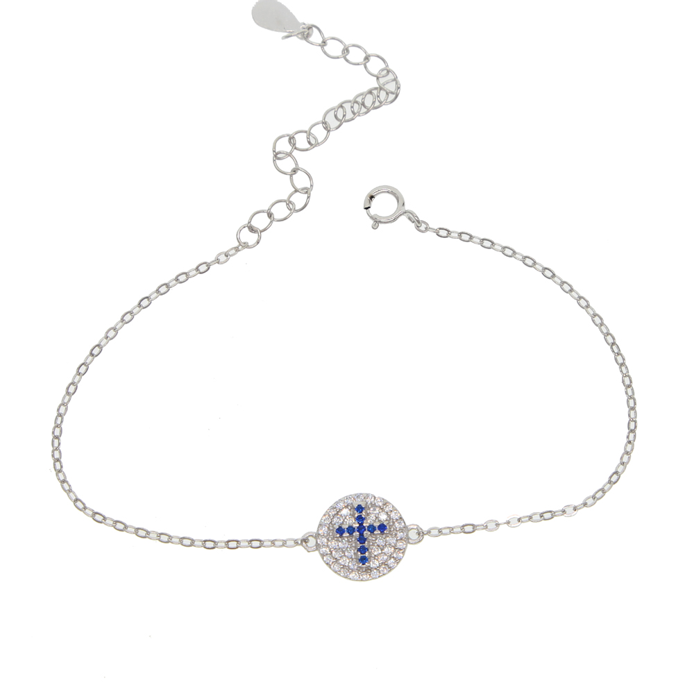 100% 925 sterling silver minimal jewelry blue cross engraved round disco disk charm simple cz paved silver bracelet necklace set