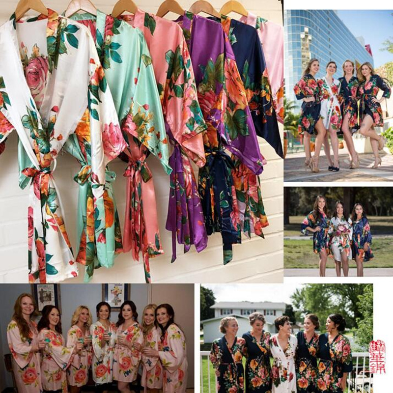 Fashion Silk Satin Short Kimono Robe Wedding Bride Bridesmaid Night Robe Floral Bathrobe Female Dressing Gown For Women