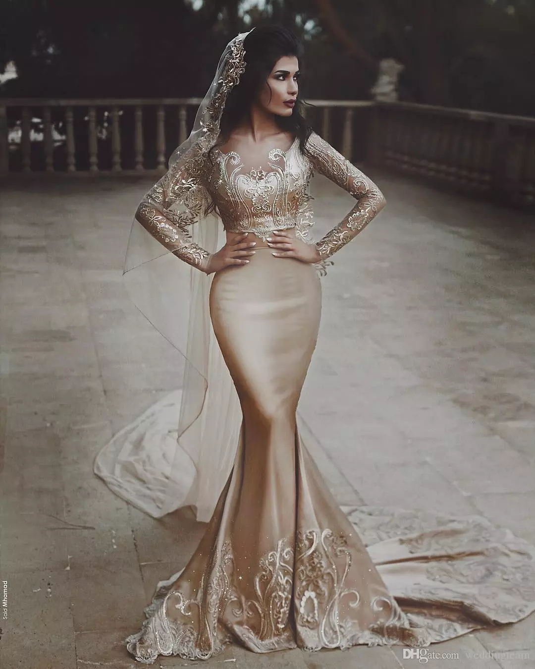 champagne two pieces mermaid wedding dresses beaded scoop neck appliqued beach bridal gowns long sleeve plus size satin robes de soire