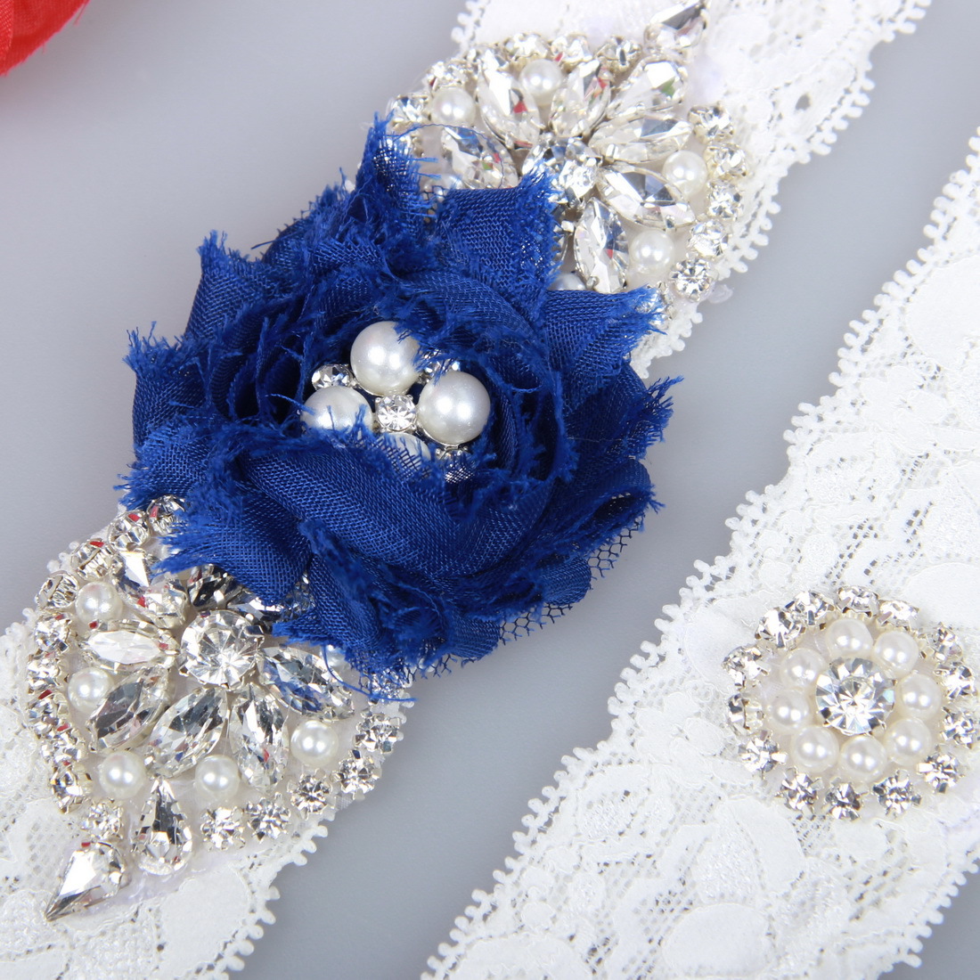 2 Pieces Set Bridal Garters Lace Wedding Belt Set Pearls Handmade Royal Blue Chiffon Flower Rhinestones Vintage Prom Gift Cheap In Stock