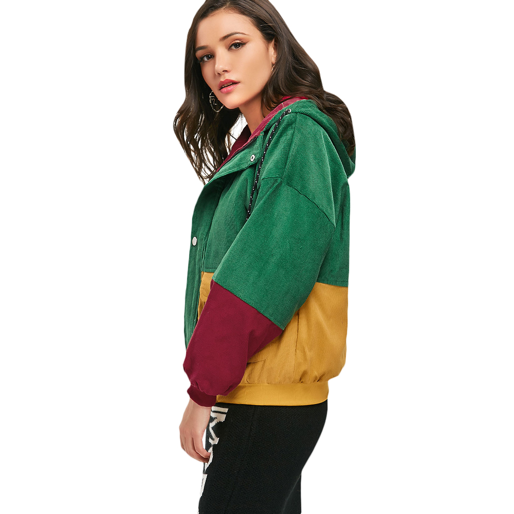 ZAFUL Splice Sleeve Women Baseball Jacket College Jackets Women Bomper Jacket Spring Coats Block Hooded Corduroy Jackets Outwear