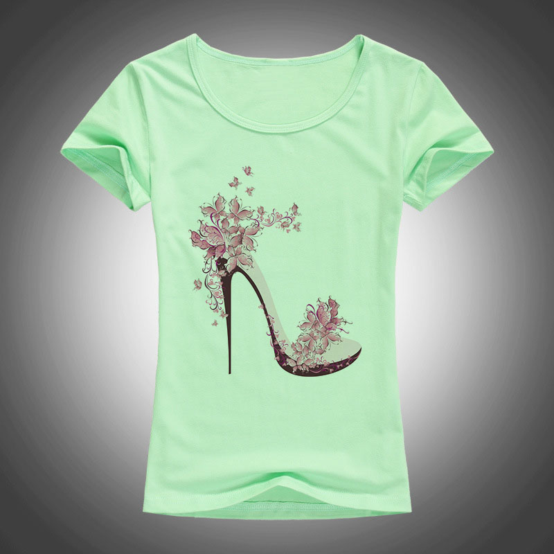 new beautiful High heels printed summer cotton t shirt women tops tees short sleeve fashion Casual T-shirt 1866