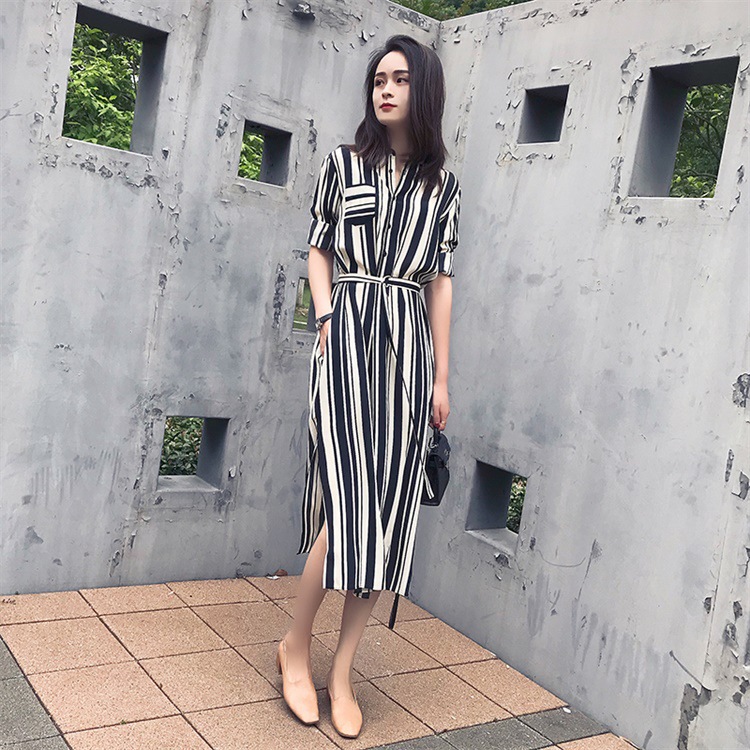 Women' Style Stripe Half Sleeve Casual Swing Dress A-Line Skater Dress Side Split Waist Slim Skirt Striped Chiffon Dress, Black&white
Women' Style Stripe Half Sleeve Casual Swing Dress A-Line Skater Dress Side Split Waist Slim Skirt Striped Chiffon Dress, Black&white