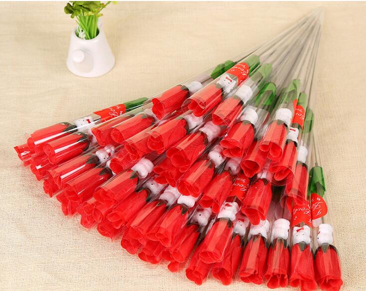 Simulation Rose Flower Single Red Roses Cartoon Bear With a heartshaped Sticker Valentines Day Gift Mothers Day Gift Wedding Supp5028842