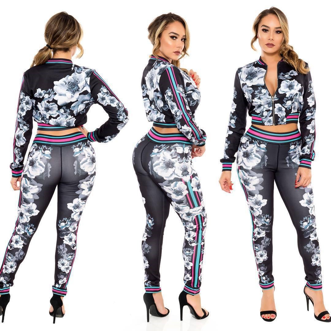 Women's Tracksuits Fashion 2021 Women Casual Long Sleeve Top And Elastic Waist Pants 2 Piece Sets Stripe Patchwork Zipper Printed Suits1