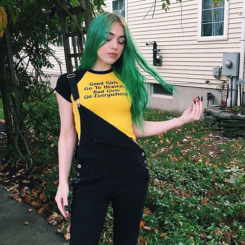 New european design women's o-neck short sleeve bodycon tunic yellow black color block letter print t-shirt crop top high waist tees