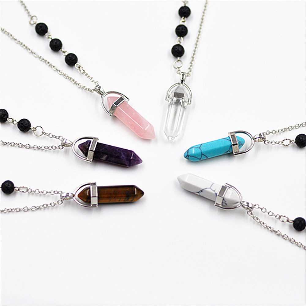 Silver color Natural stone hexagonal prism Necklace lava stone Volcanic Rock Aromatherapy Essential Oil Diffuser Necklace For Women Jewelry