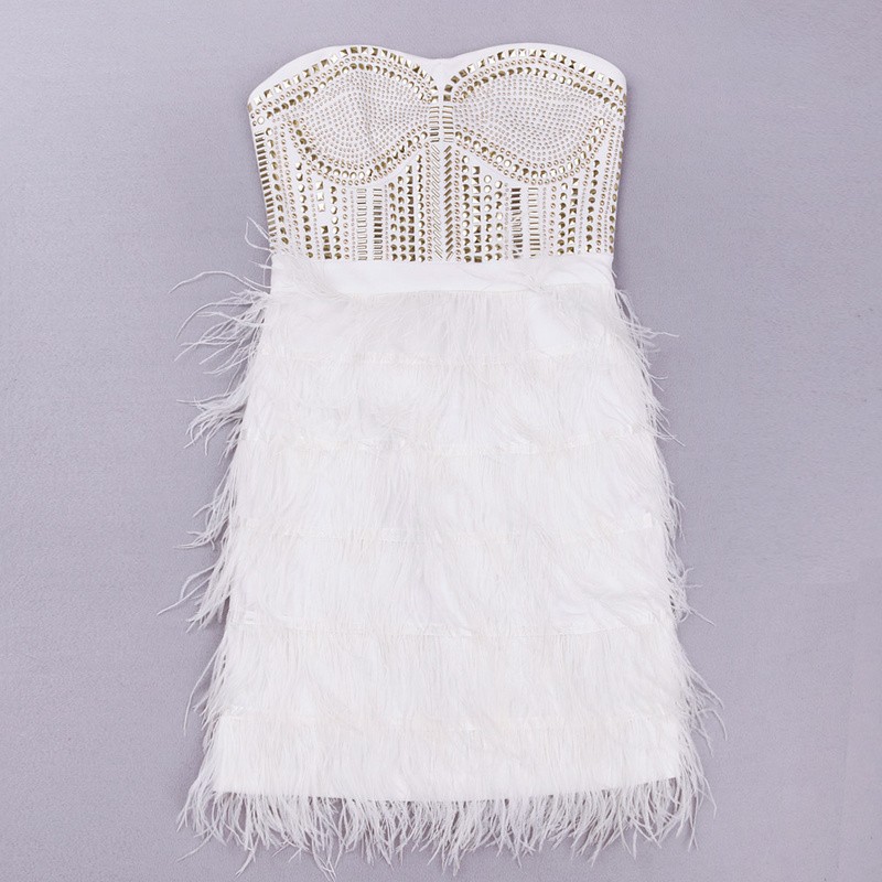 Wholesale-2 Colors Hot Strapless Nail Bead White Black Feather Celebrity Bandage Dress Cute Fashion Dress