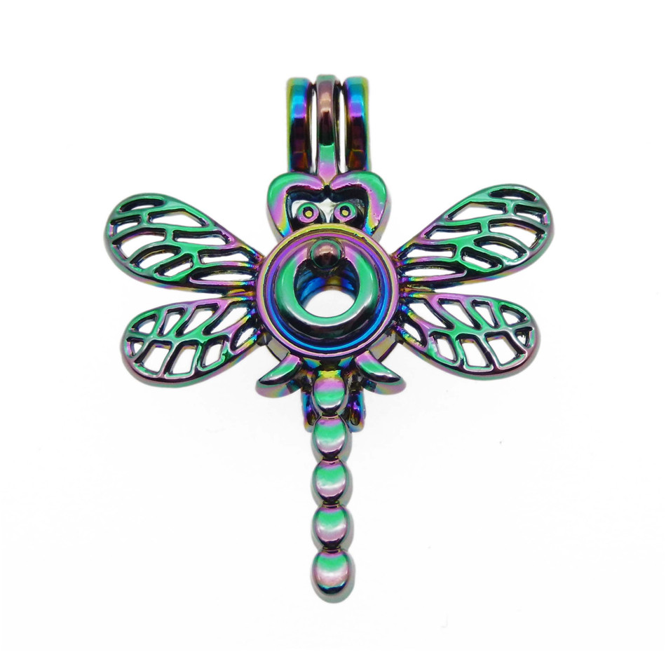10pcs Rainbow Color Zinc Alloy Pearl Cage Pendants Insect Dragonfly Aromatherapy Essential Oil Diffuser Jewelry Necklace DIY Jewelry