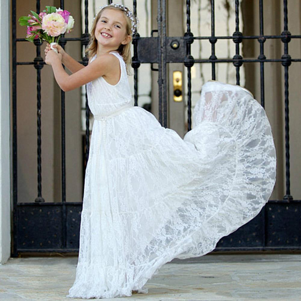 White V Neck Weddings Guest Cheap Long Beach Flower Girl Dresses Vintage Lace Girls Birthday Party Dress 0521