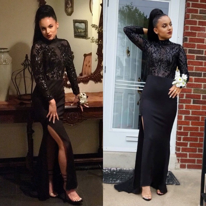 Black Sparkly Mermaid Lace Prom Dresses With Long Sleeves High Neck Sequined Side Split Evening Gowns Vestidos De Fiesta Satin Formal Dress