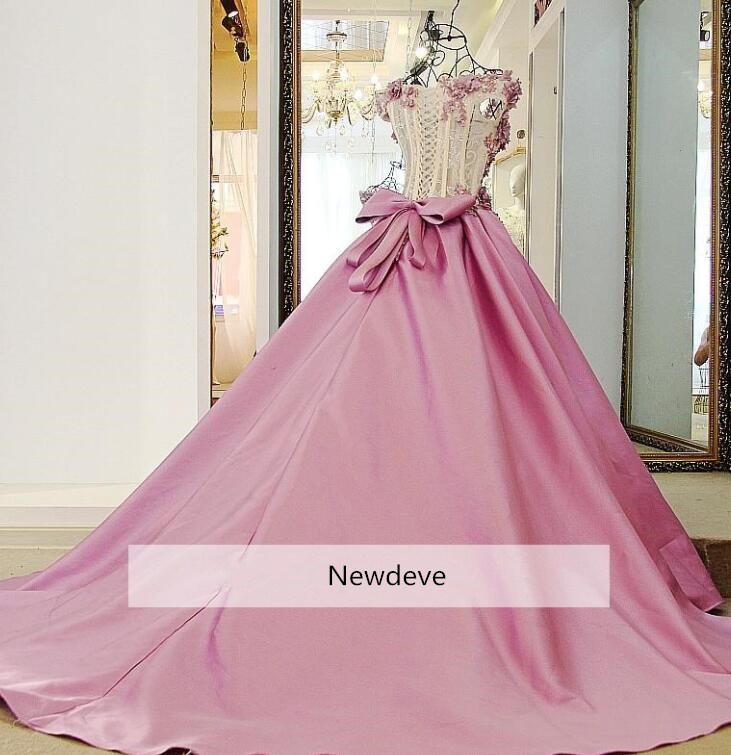 Baby Pink Prom Dresses With Big Bow Back Off The Shoulder Beaded Formal Gowns Lace Applique Evening Dress