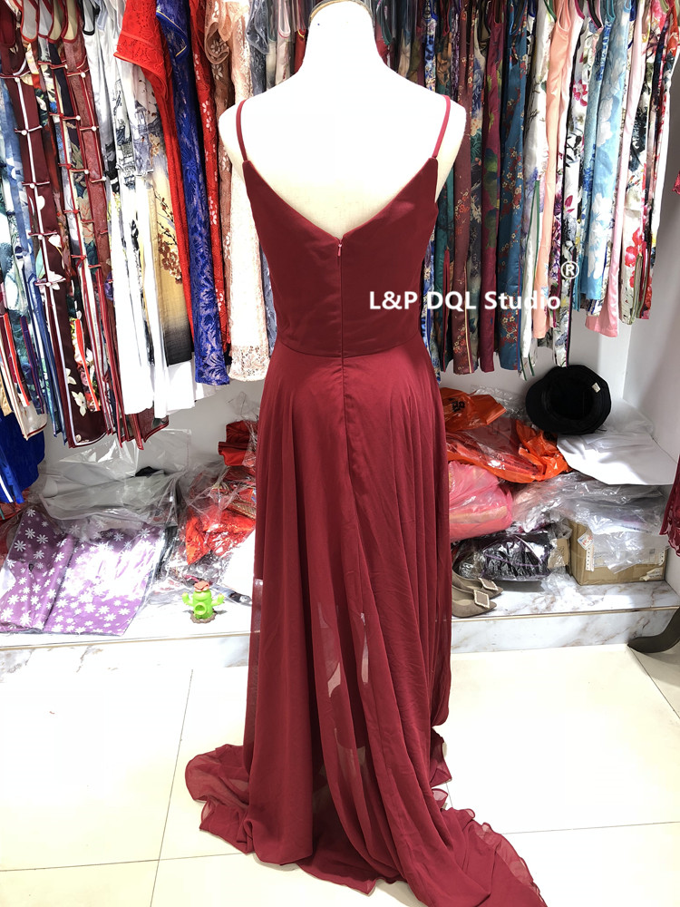 Sexy Burgundy Chiffon Evening Dress Spaghetti Zipper Back Hi Lo Prom Gowns Sexy Royal Blue Evening Gowns Cheap Bridesmaid Dress Real Picture