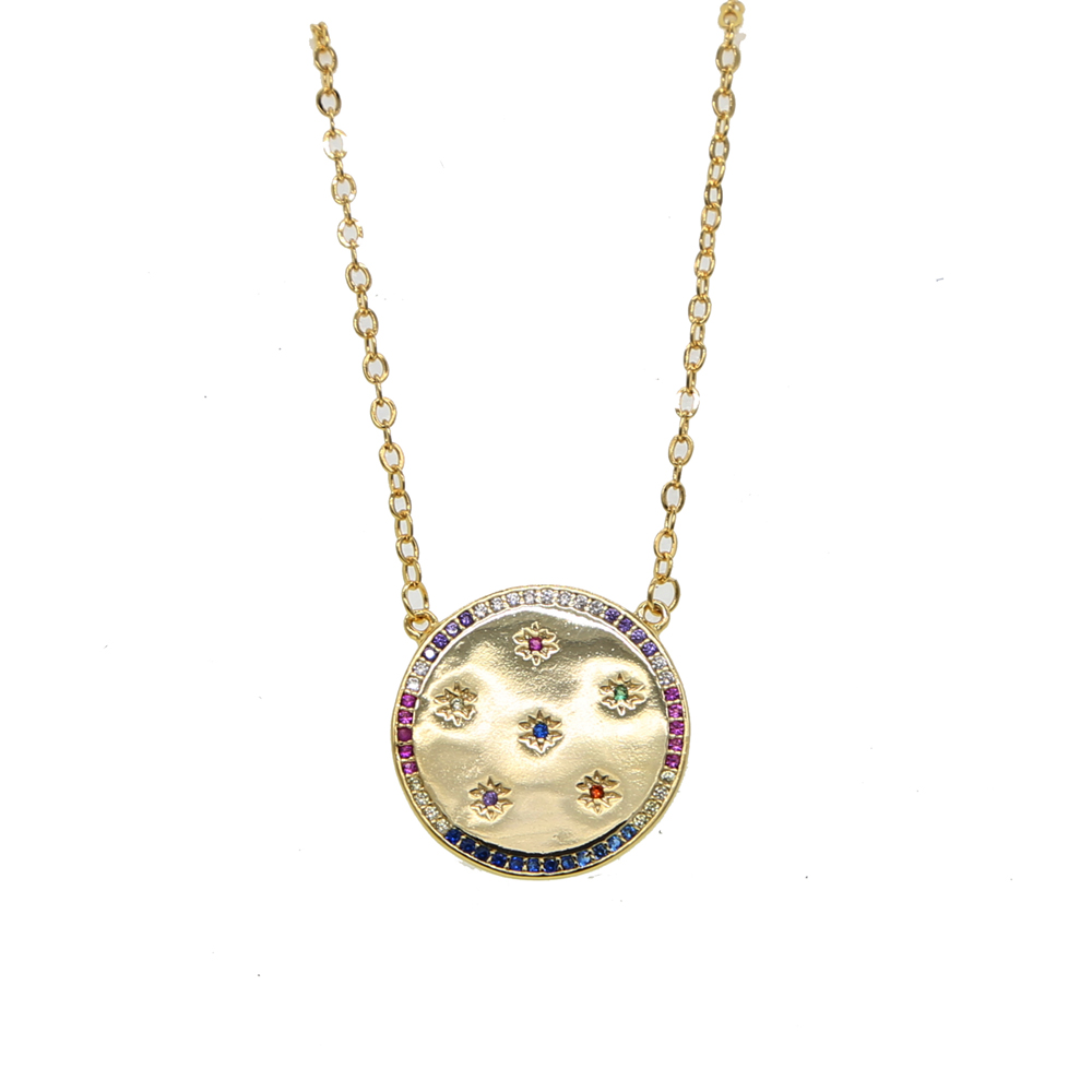 statement coin necklace paved rainbow cz engraved star geometric round plate classic simple fashion jewelry