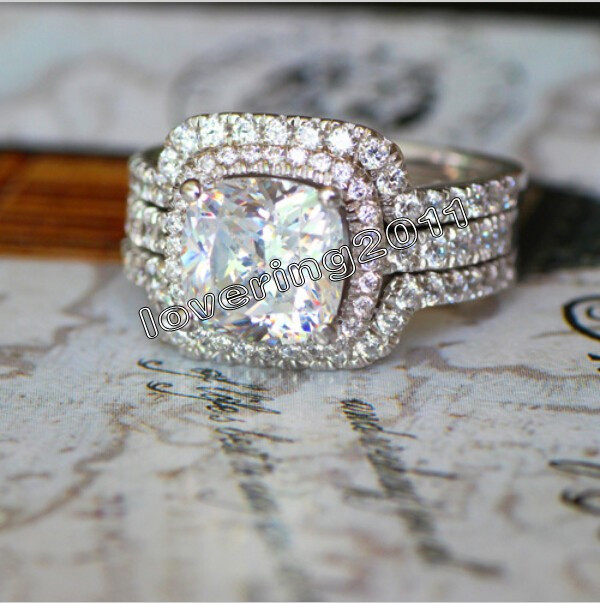 Victoria Wieck Cushion cut 8mm Diamond 10KT White Gold Filled Lovers 3in1 Engagement Wedding Ring Set Sz 511