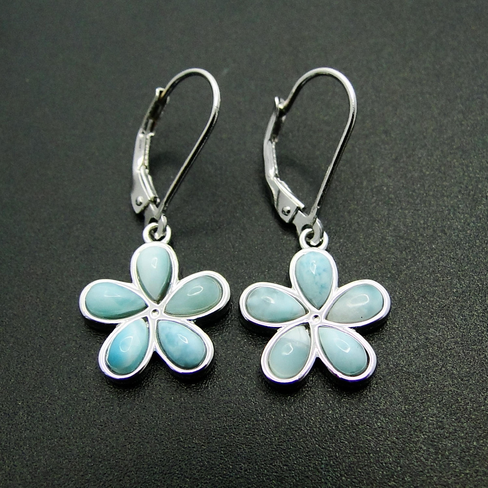 Natural Larimar Jewelry Flower Earring Fine Jewelry Silver Dangle Earrings 100% 925 Sterling Silver Jewelry for Girl's EarringY1883003