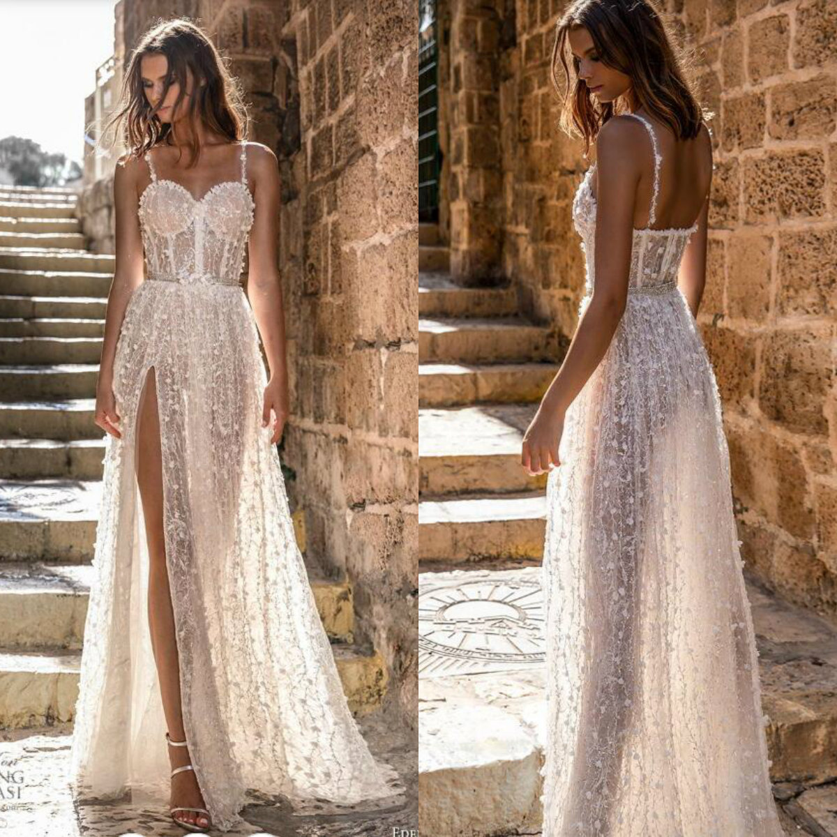 2019 A Line Beach Lace 3D Floral Appliques Side Split Spaghetti Floor Length Country Wedding Dress Illusion Bridal Gowns