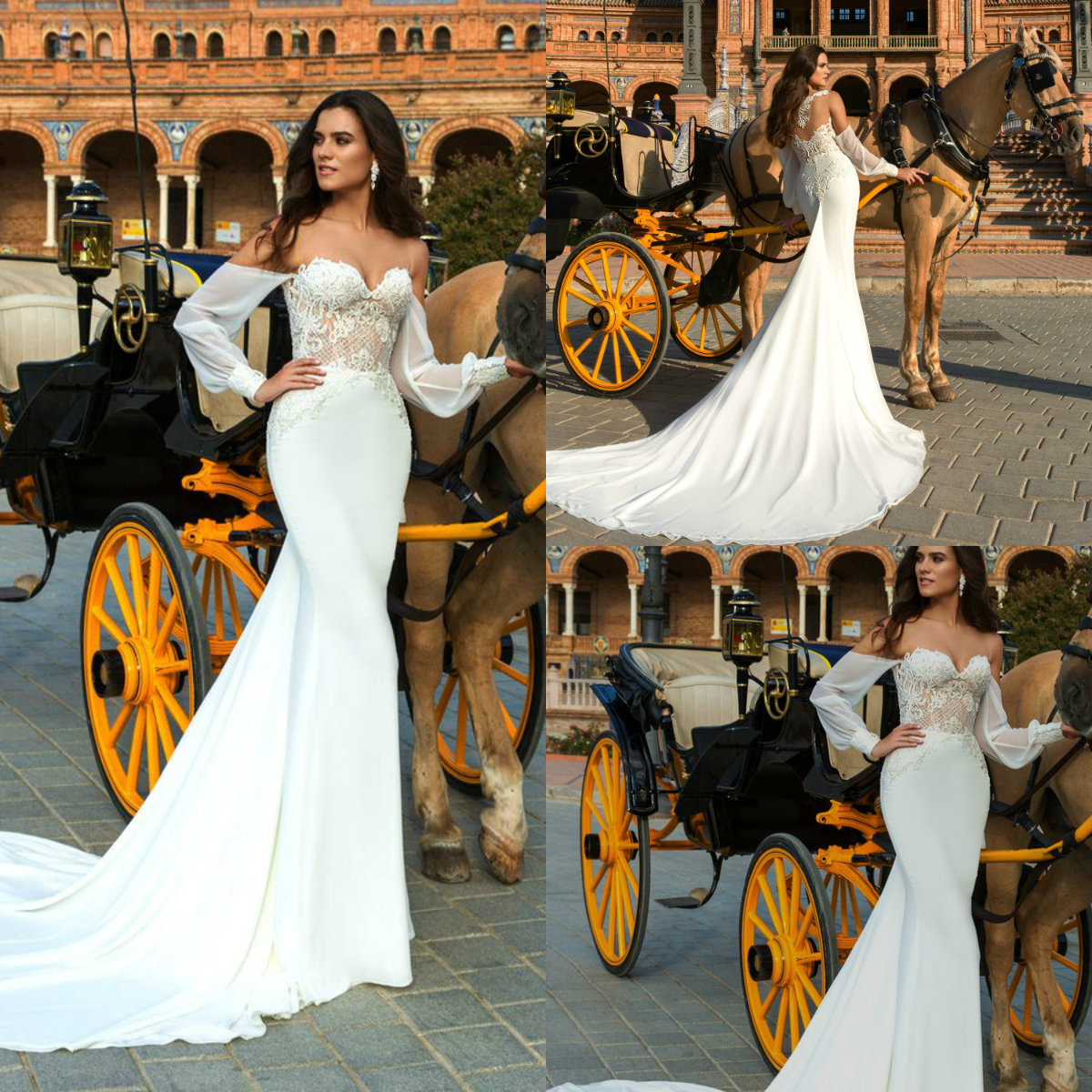 2019 Crystal Design Mermaid Wedding Dresses Sweetheart Satin Lace Long Sleeve Beach Wedding Dress Sweep Train Plus Size Bridal Gowns