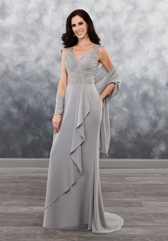 Grey Mother Of The Bride Dresses With Wrap Chiffon V Neck Beaded Appliques Lace Mother's Gowns Elegant Wedding Guest Dress For Mom