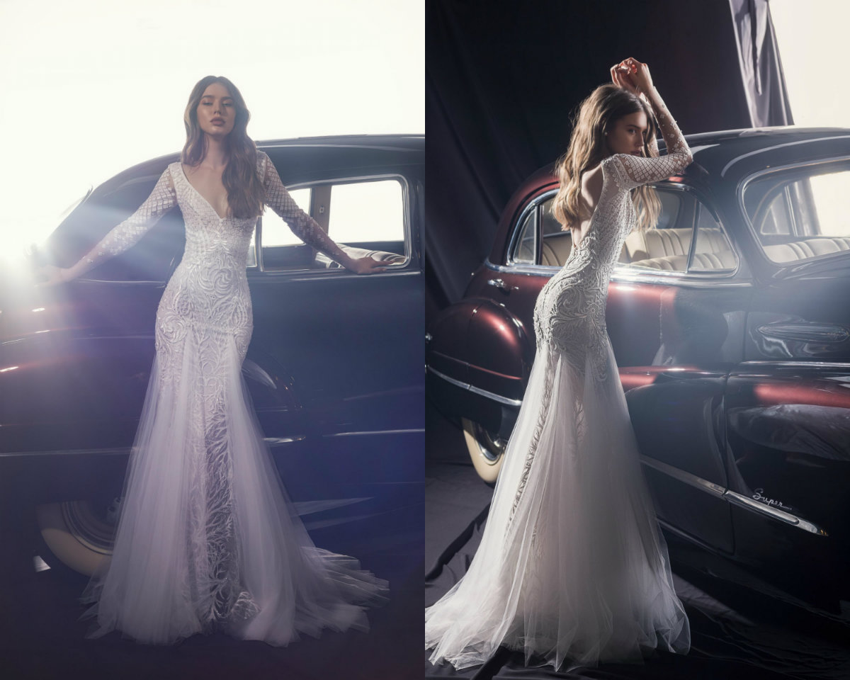 Elihav Sasson Mermaid Wedding Dresses Backless Long Sleeve Deep V Neck Lace Sequins Sexy Country Wedding Gown Sweep Train Beach Bridal Dress