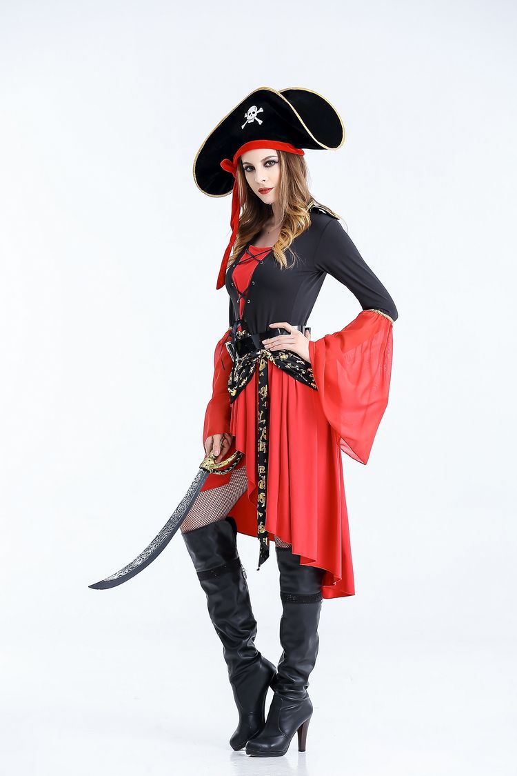 Female Pirate Halloween Costumes For Adults Hi Lo Long Sleeves Cotton Three Pieces (Dress+Hat+Belt) Halloween Party Dress In Stock