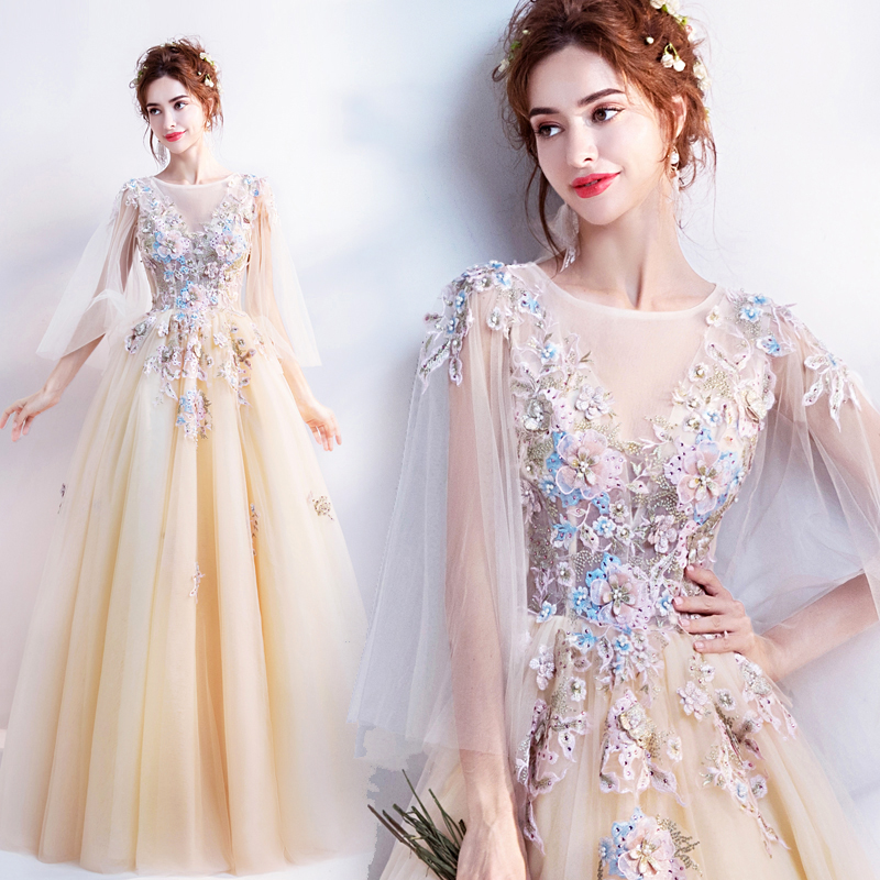 Oriental Angel's wedding Cheongsam Chinese flower fairy Light yellow bride's wedding dress birthday Party dinner annual Wear