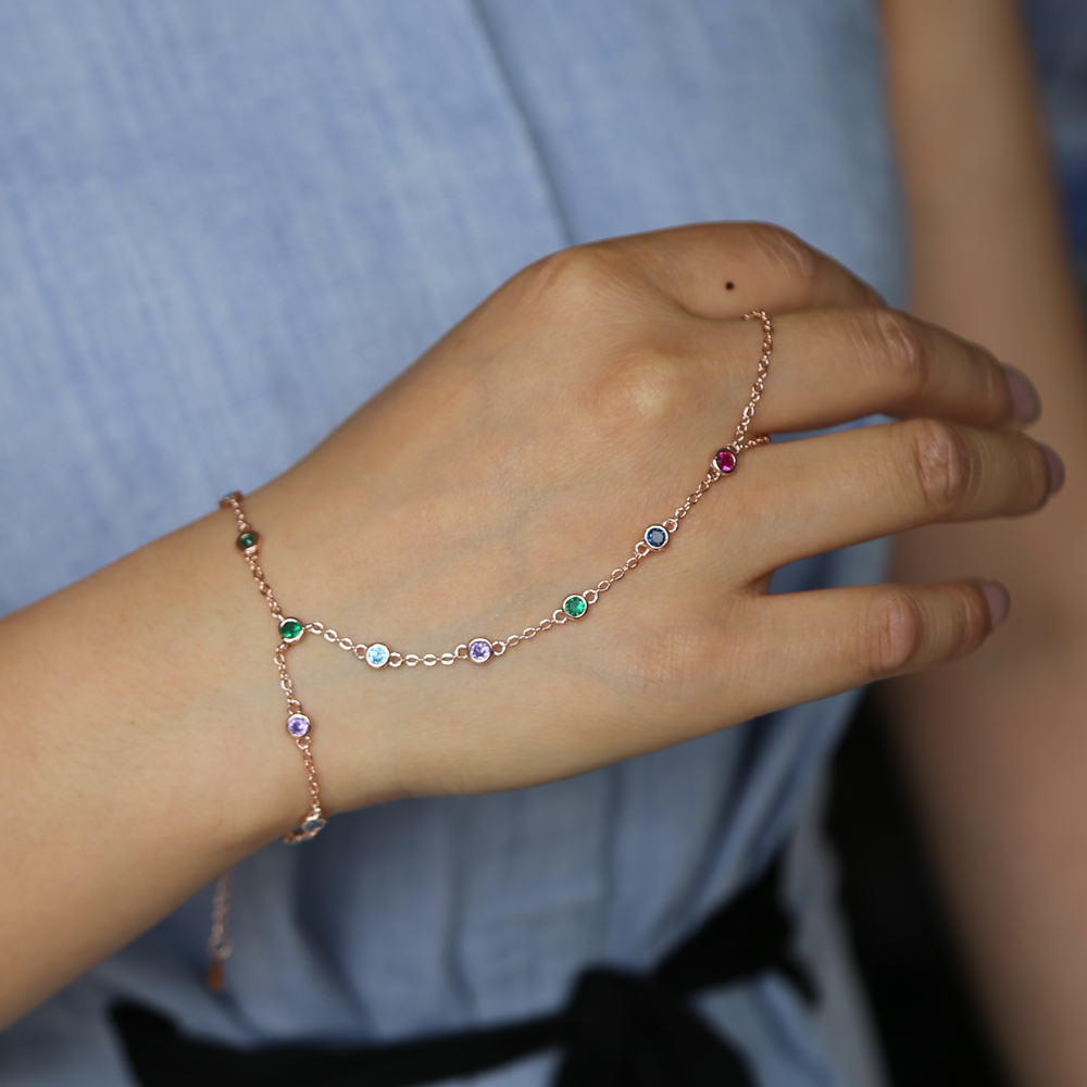2018 women slave bracelet with ring rose gold silver plated colorful bezel cz link chain hand jewelry Behomia rainbow fashion bracelets