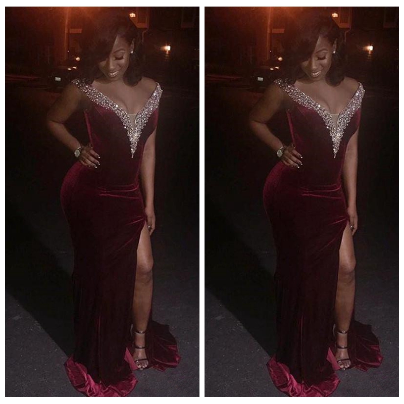 2018 Burgundy Velvet African Dresses Evening Wear V Neck Beaded Black Girls Prom Gowns Sweep Train Split Side Long Mermaid Formal Party Dres, Blue
2018 Burgundy Velvet African Dresses Evening Wear V Neck Beaded Black Girls Prom Gowns Sweep Train Split Side Long Mermaid Formal Party Dres, Blue