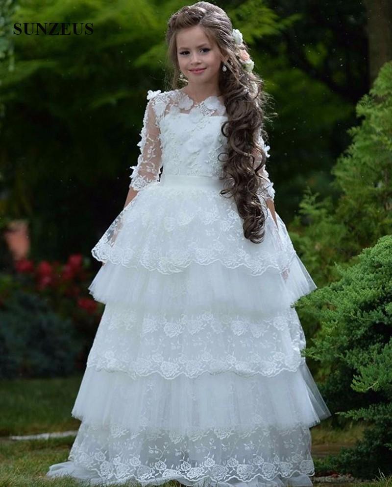 Princess Flower Girl Dresses for Weddings A Line Tiered Skirts Jewel Neck 3D Floral Appliques Pearls Girls Pageant Dress Kids Formal Wear