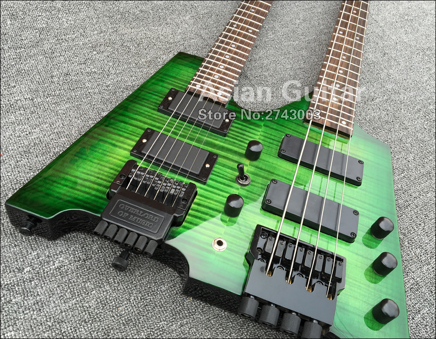 Green Dark Flame Maple Top Headless Double Neck Electric Bass Guitar 6 Strings + 4 Strings, Black Hardware, Tremolo Bridge
Green Dark Flame Maple Top Headless Double Neck Electric Bass Guitar 6 Strings + 4 Strings, Black Hardware, Tremolo Bridge