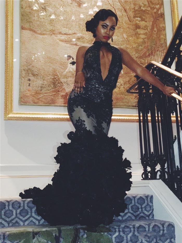 African Mermaid Prom Dresses Black High Neck Keyhole Lace Applique Sequins Backless 3D Flowers Tiered Evening Dress Wear Party Gowns