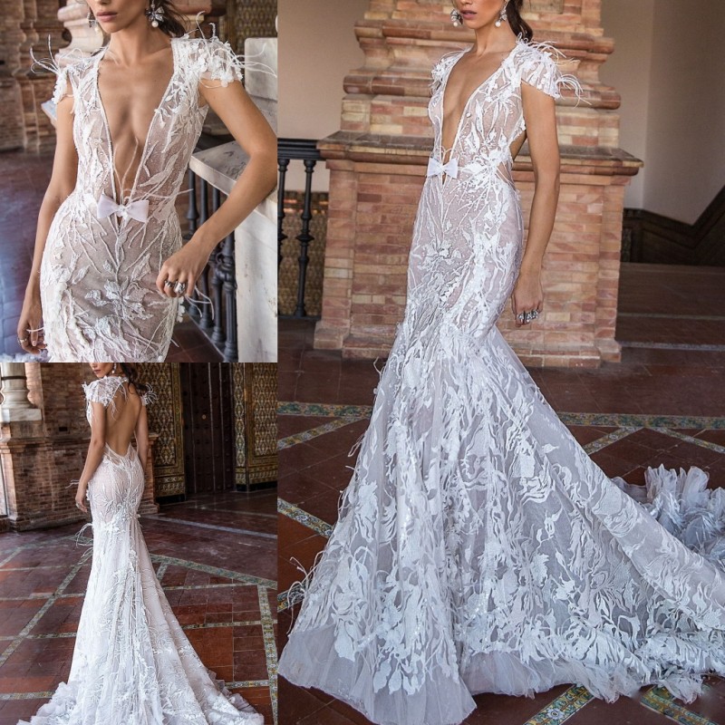 berta mermaid wedding dresses v neck backless lace bridal gowns with feathers sweep train beach wedding dress