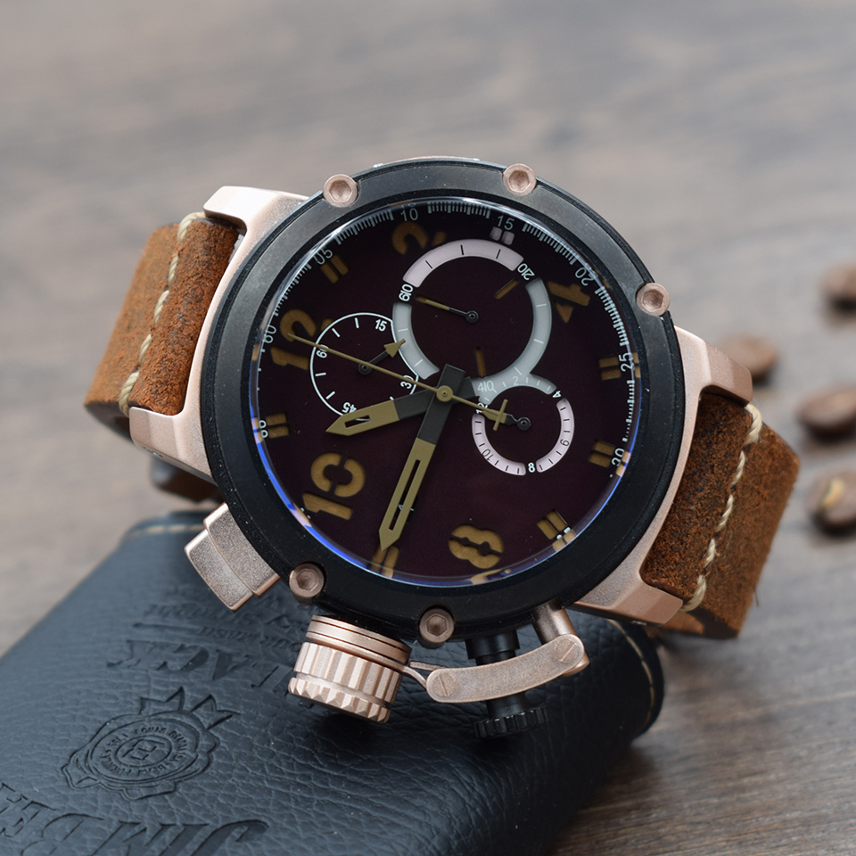 Deluxe Sport Style Men's Watch Rose Gold Black Shell Quartz multifunction stopwatch Leather strap U Large dial 6 pointer Wrist Watch, Slivery;brown
Deluxe Sport Style Men's Watch Rose Gold Black Shell Quartz multifunction stopwatch Leather strap U Large dial 6 pointer Wrist Watch, Slivery;brown