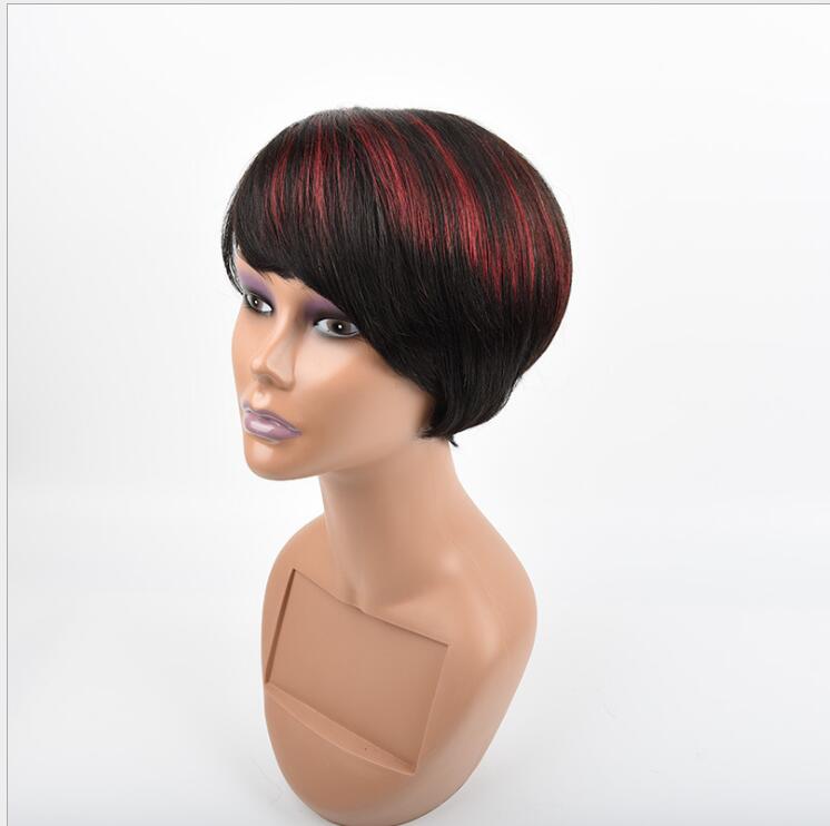 Short Human Hair Wig With bangs Babyhair highlight /ombre color Brazilian Straight full Wigs For Black Women